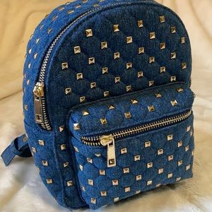 Mini gold studded denim backpack